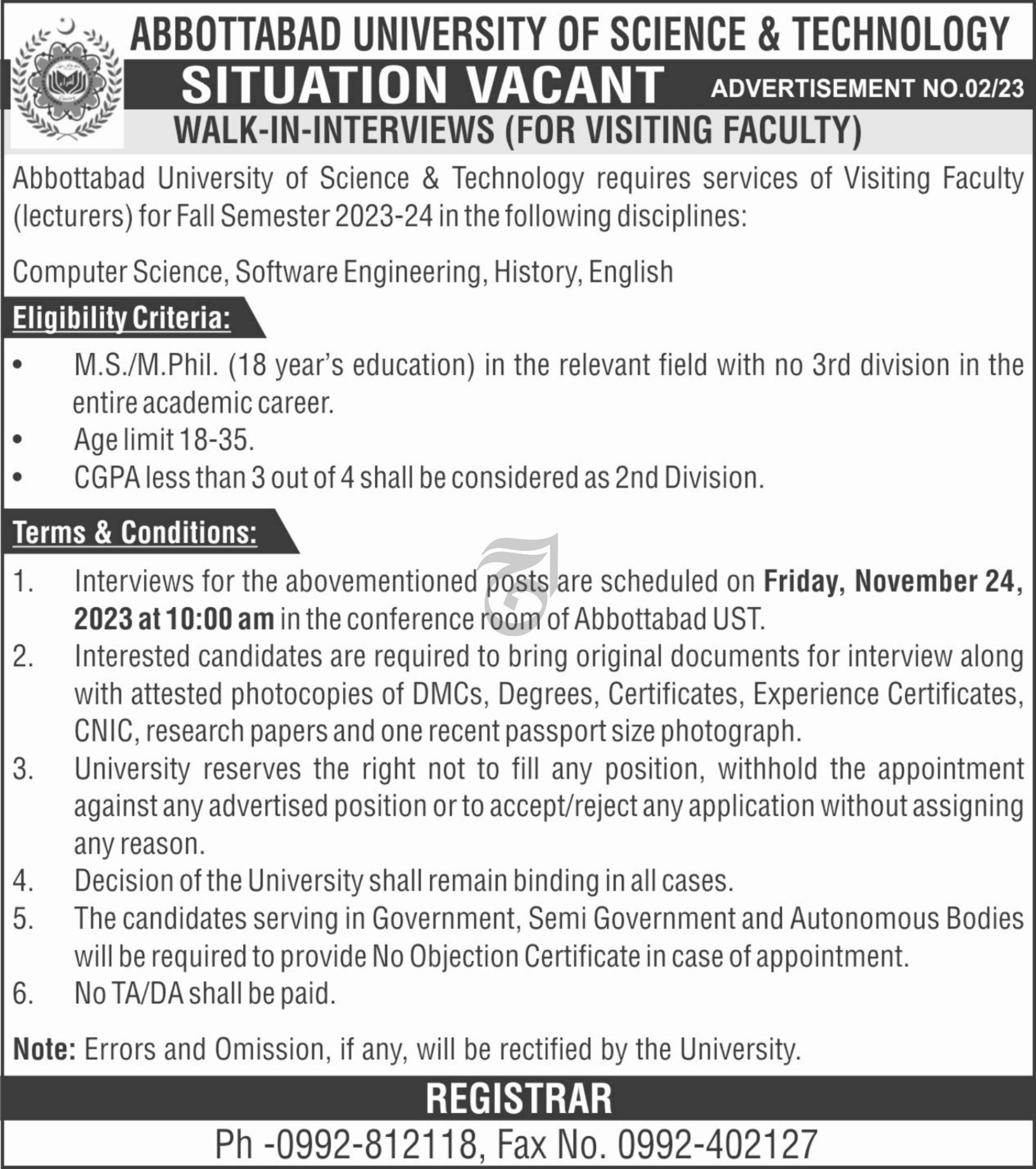 Interviews For Jobs At Abbottabad University Of Science in December