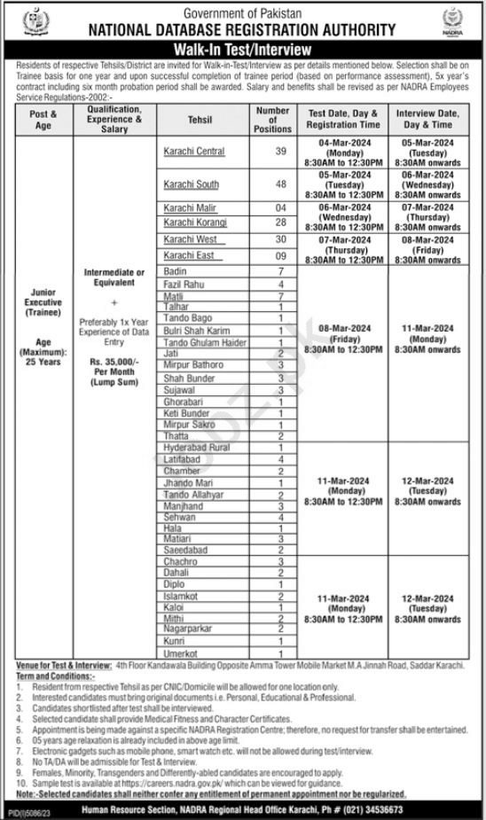 NADRA Karachi Job 2024 in February