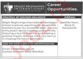 Bright Beginnings International Montessori Rawalpindi Jobs in February