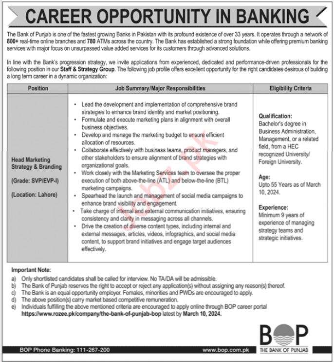 Latest BOP Rawalpindi Job 2024 in February