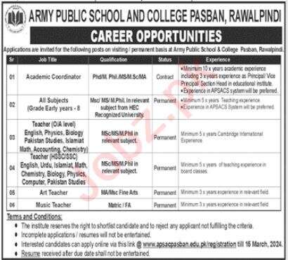 Army Public School & College Rawalpindi Jobs 2024 in February