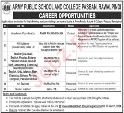 Army Public School & College Rawalpindi Jobs 2024 in February