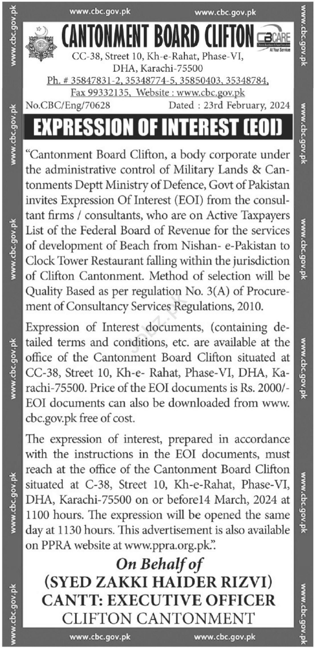 Consultant Required At Cantonment Board Clifton in February