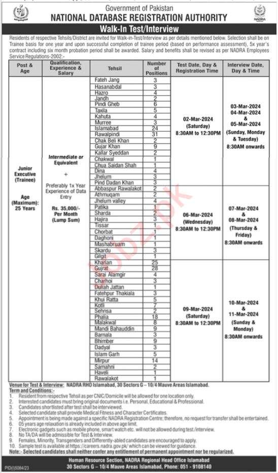 NADRA Islamabad Job Notice 2024 in February