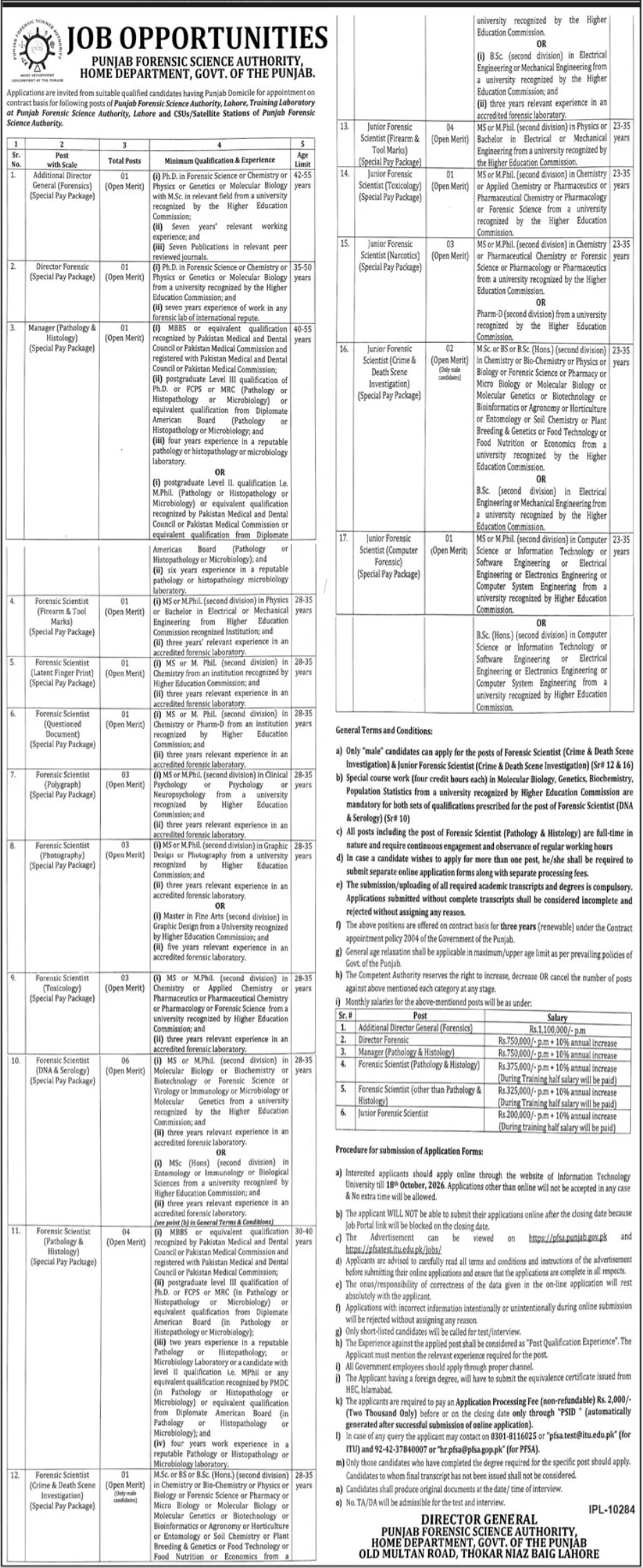 Punjab Forensic Science Authority PFSA Lahore Jobs 2026 in September