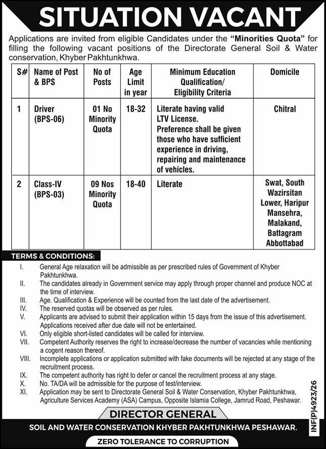 Directorate General Soil & Water Conservation KPK Jobs 2026 in September