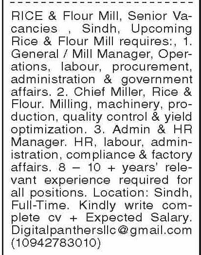 Mill Manager & Chief Miller Jobs 2026 In Rice & Flour Mill in October