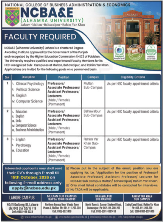 National College Of Business Administration & Economics Job in October