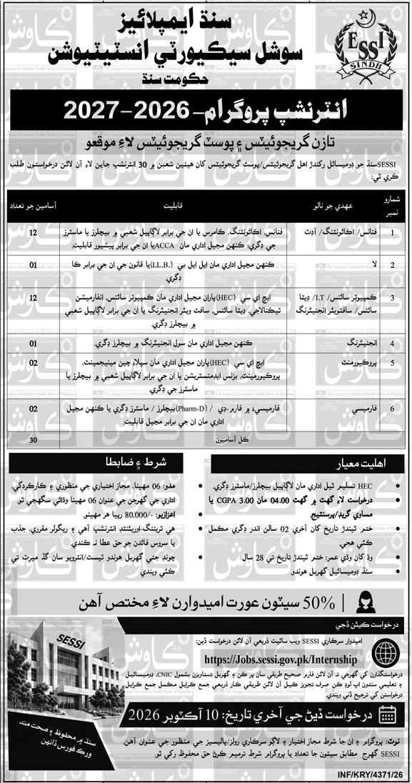 Sindh Social Security Institution Internship 2026 in October