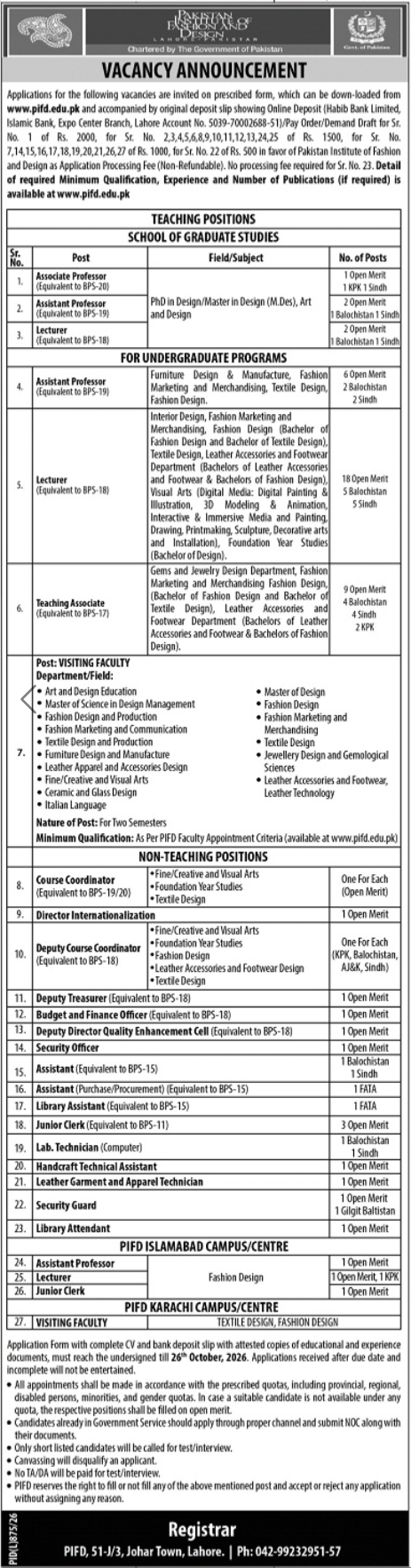 Pakistan Institute Of Fashion & Design Lahore Jobs Notic in October