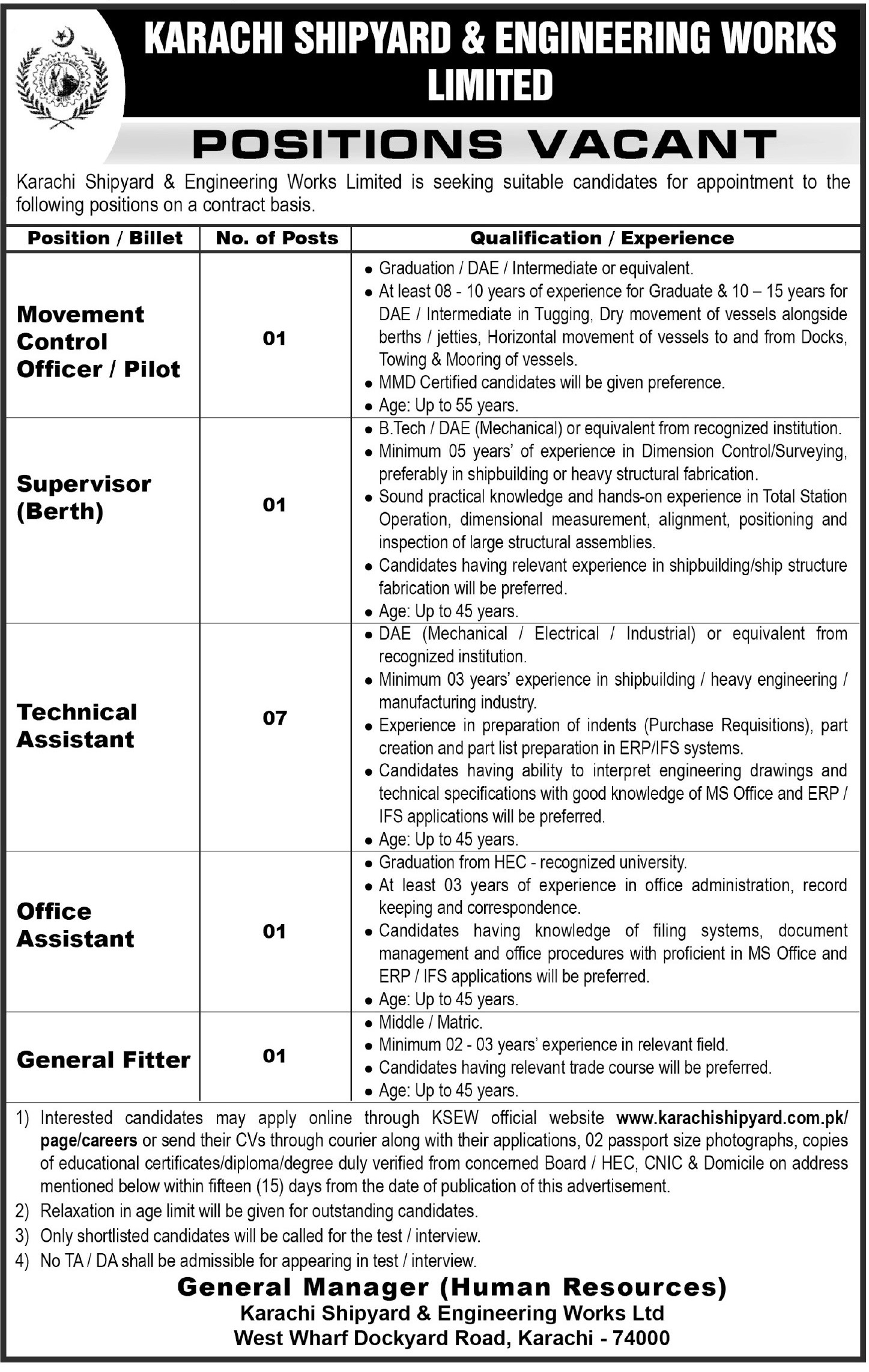 Karachi Shipyard And Engineering Works Limited Jobs Notice in October