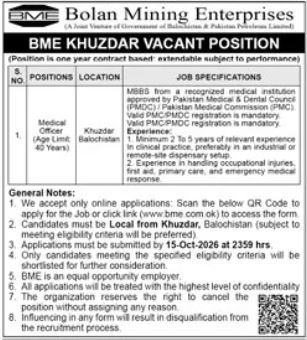 Bolan Mining Enterprises Khuzdar Job 2026 in October