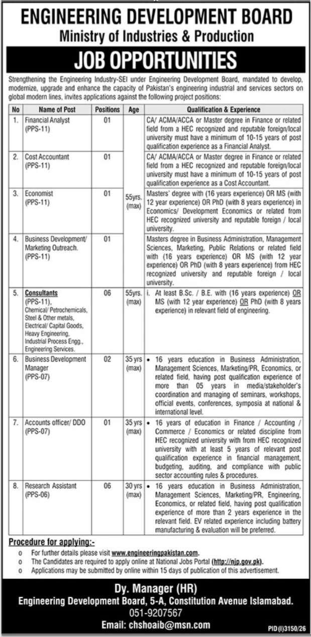 Engineering Development Board Islamabad Jobs 2026 in October