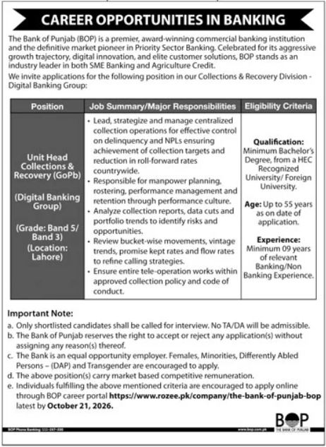 The Bank Of Punjab BOP Lahore Job 2026 in October