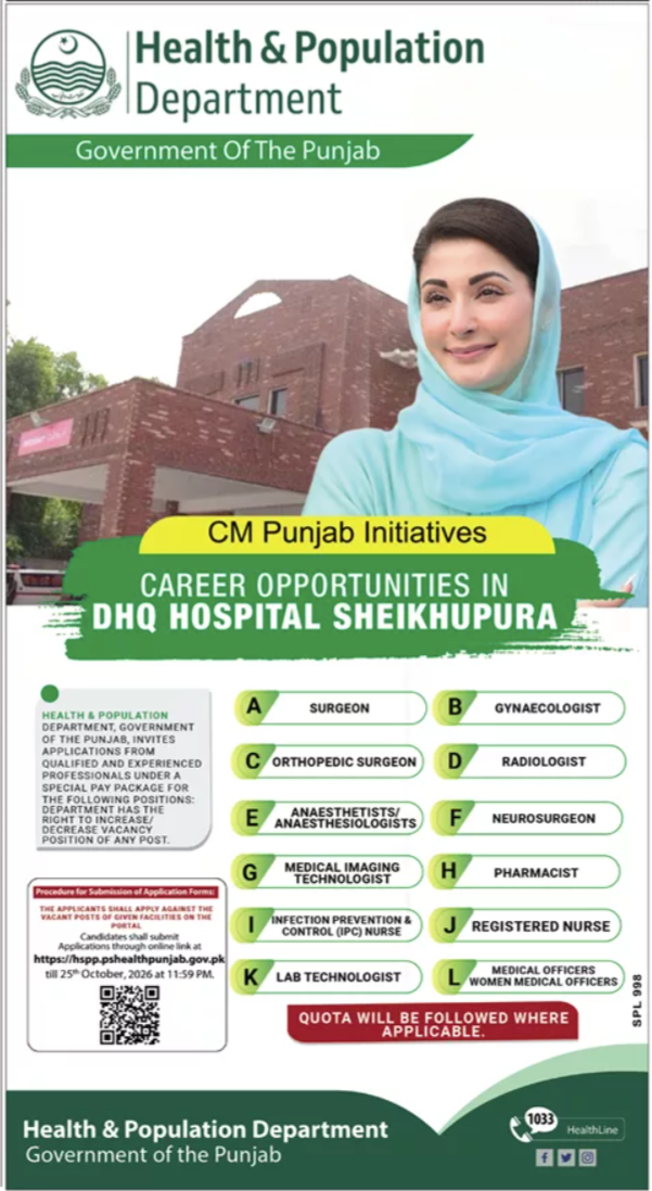 Latest DHQ Hospital Sheikhupura Jobs Notice 2026 in October