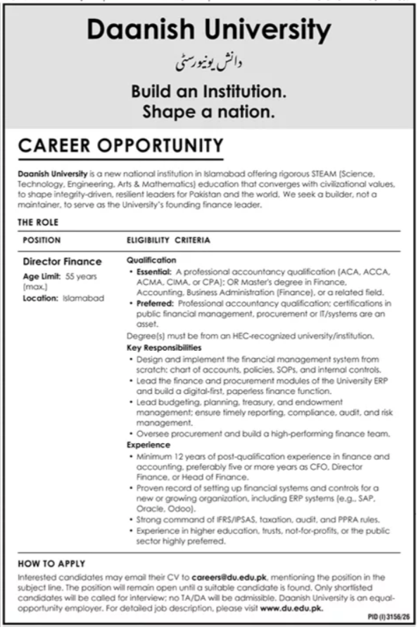 Latest Daanish University Gujranwala Job 2026 in October
