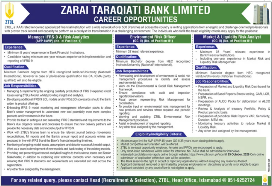 Latest Zarai Taraqiati Bank Limited ZTBL Islamabad Jobs in October
