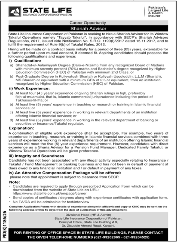 State Life Insurance Corporation Of Pakistan Karachi Job in October