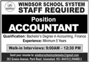 Windsor School System Islamabad Job 2026 in October