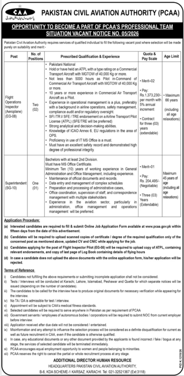 Pakistan Civil Aviation Authority CAA Karachi Jobs Notice in October