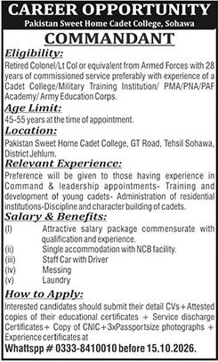 Position Available At Pakistan Sweet Home Cadet College in October