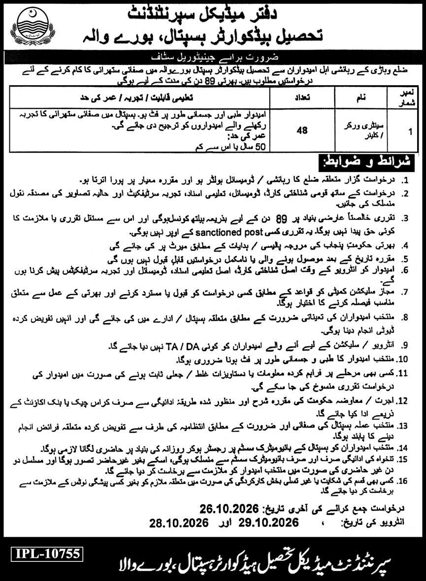 THQ Tehsil Headquarter Hospital Burewala Jobs 2026 in October