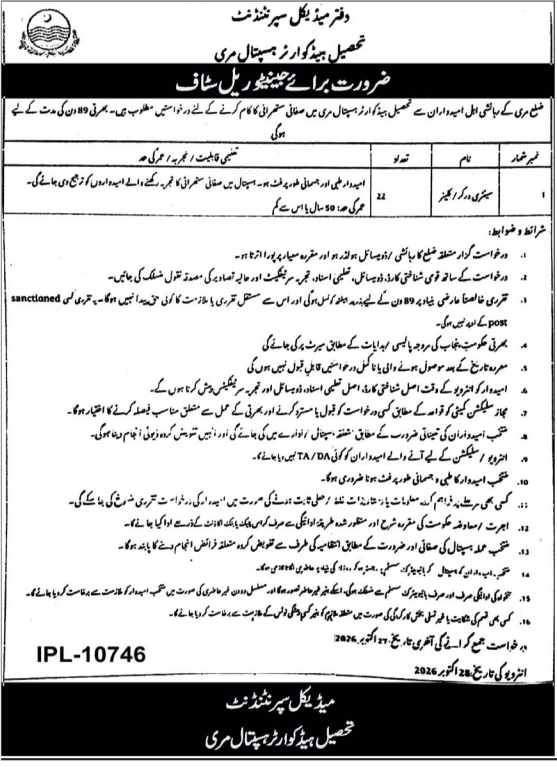 Tehsil Headquarter Hospital THQ Murree Jobs 2026 in October