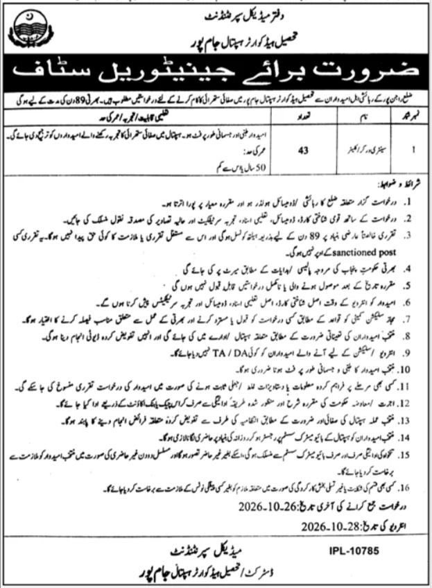Tehsil Headquarter Hospital THQ Jampur Jobs 2026 in October