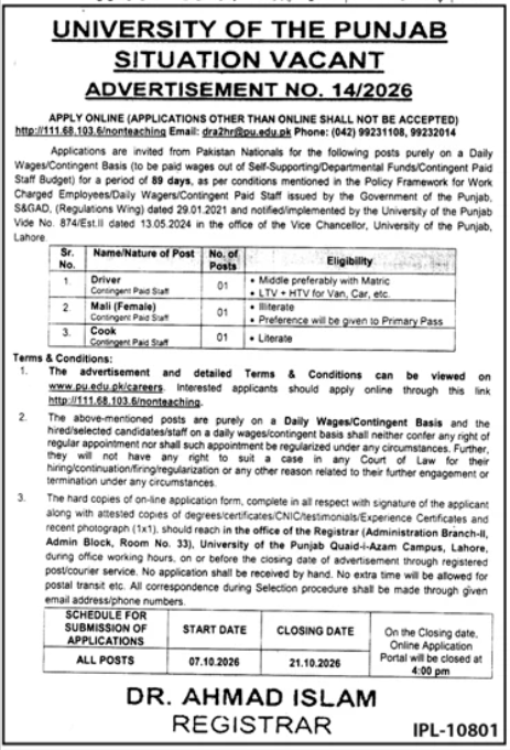 University Of The Punjab PU Job Advertisement No 14/2026 in October