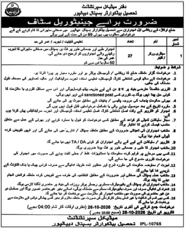 THQ Tehsil Headquarter Hospital Depalpur Jobs 2026 in October