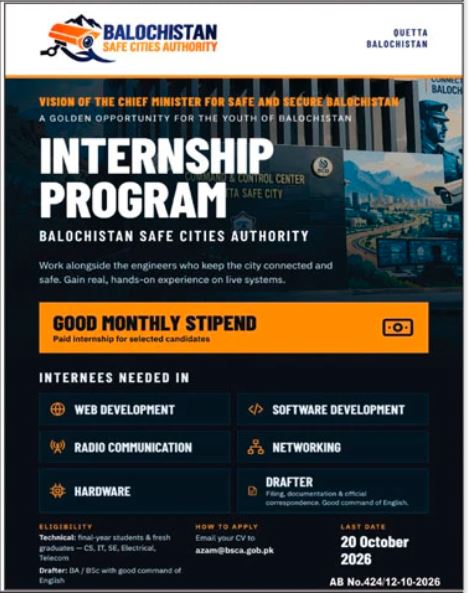 Balochistan Safe Cities Authority BSCA Internship Program in October