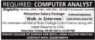 Nishat College Of Science For Boys Multan Job 2026 in October