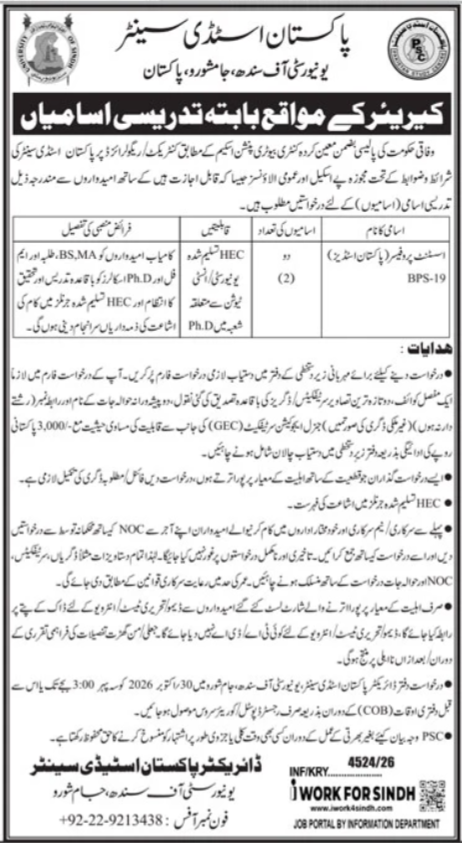 University Of Sindh Jamshoro Jobs 2026 in October