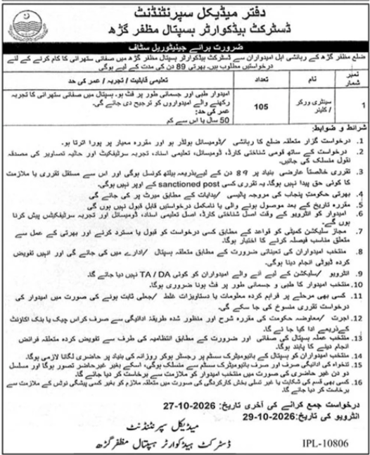 Latest District Headquarter Hospital DHQ Muzaffargarh Job 20 in October