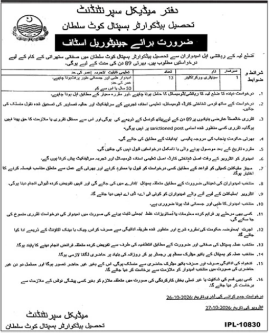 Tehsil Headquarter Hospital THQ Kot Sultan Job 2026 in October