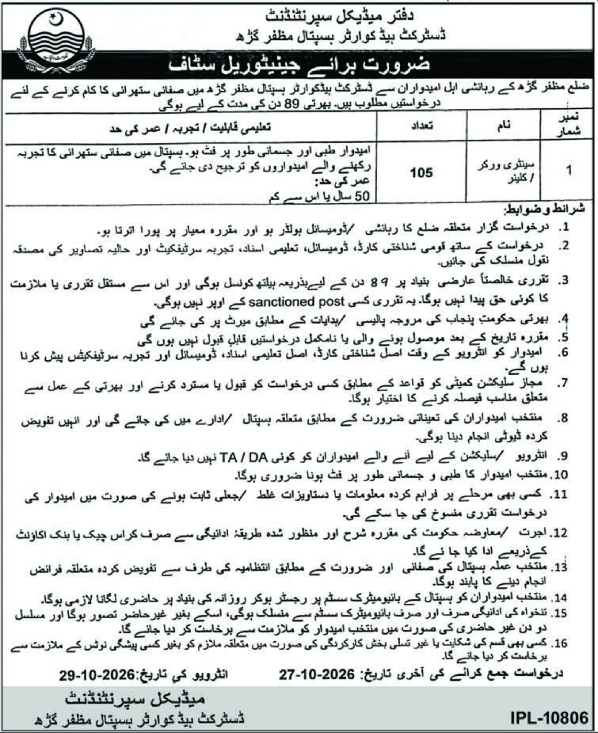District Headquarter Hospital DHQ Muzaffargarh Jobs 2026 in October