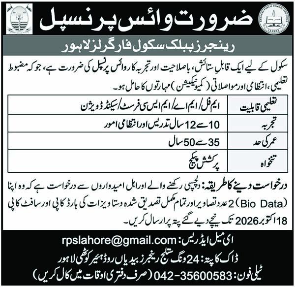 Rangers Public School Lahore Job 2026 in October