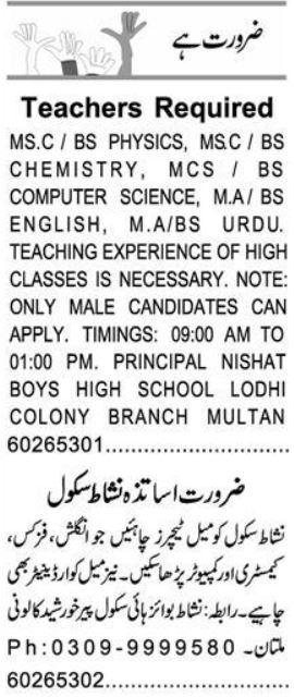 Nishat Boys High School Multan Jobs 2026 For Teaching Staff in October