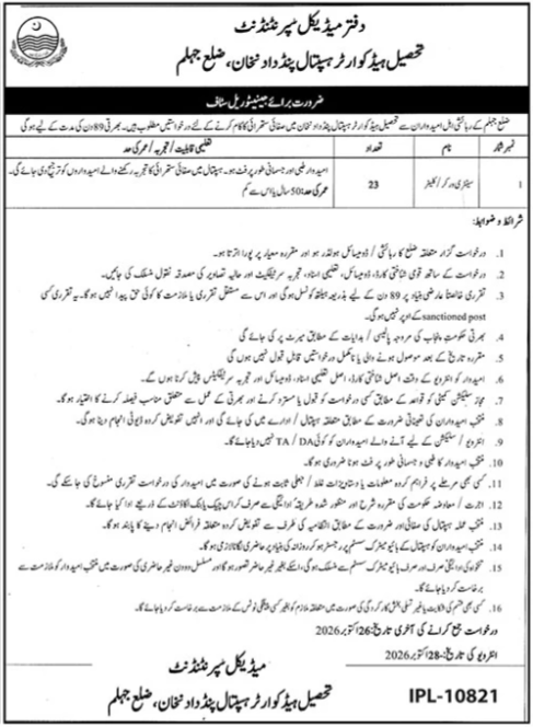 Tehsil Headquarter Hospital THQ Jhelum Job 2026 in October