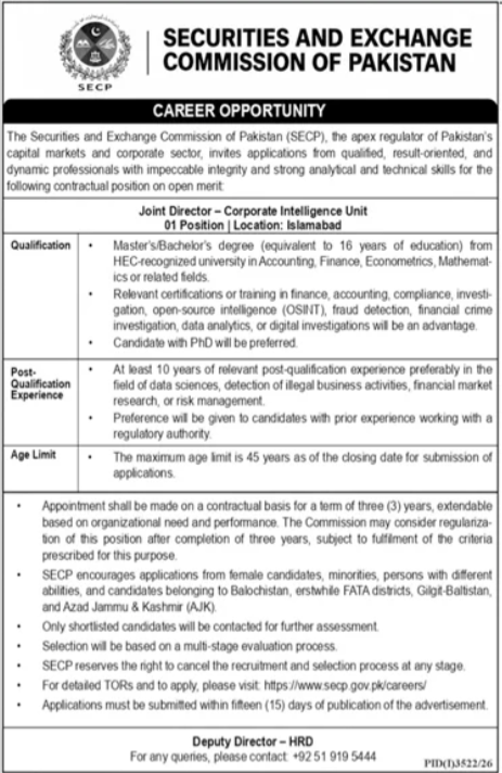 Securities & Exchange Commission Of Pakistan SECP Job Notice in October