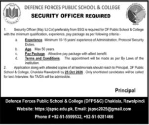 Defence Forces Public School & College Rawalpindi Job 2026 in October