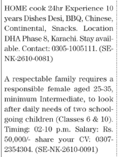 Jang Sunday Classified Ads 18 Oct 2026 For Cooking Staff in October