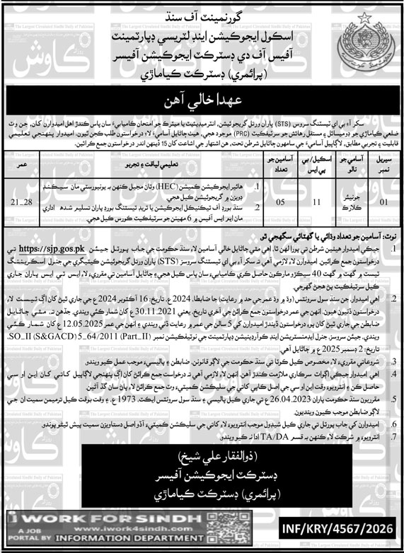 School Education & Literacy Department Karachi Job Notice in October