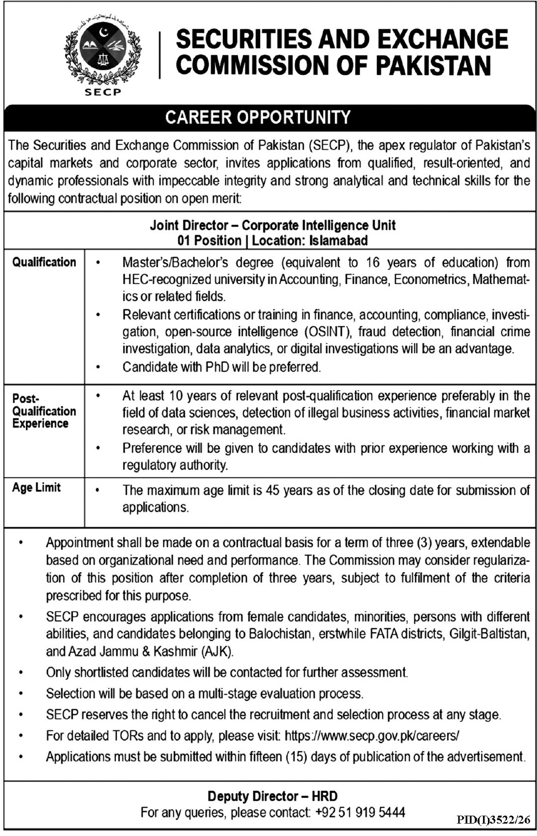 Latest Securities & Exchange Commission Of Pakistan Job in October