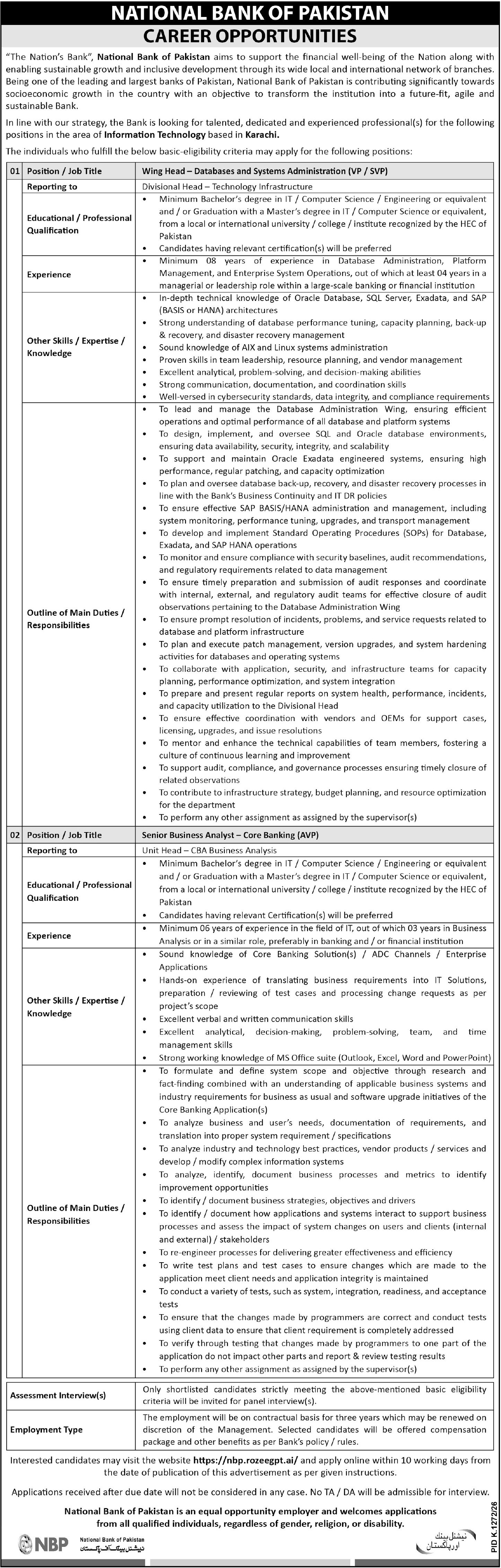 National Bank Of Pakistan NBP Karachi Jobs Notice 2026 in October
