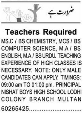Chemistry Teacher Jobs 2026 In Nishat Boys High School in October