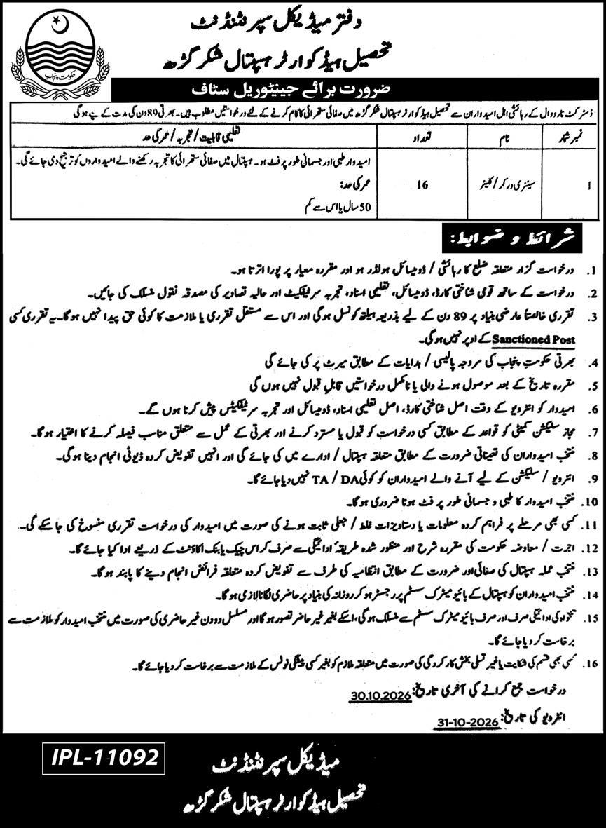 Tehsil Headquarter Hospital THQ Shakargarh Jobs 2026 in October