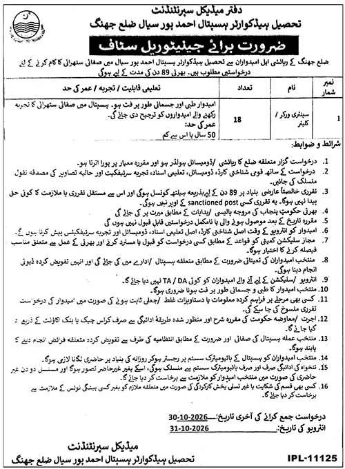 Tehsil Headquarter Hospital THQ Ahmedpur Sial Jobs 2026 in October