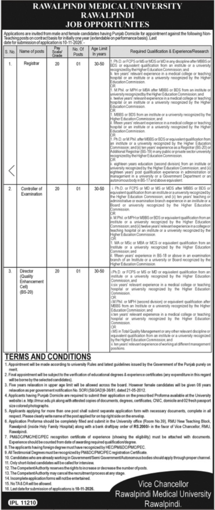 Rawalpindi Medical University RMU Jobs 2026 in October