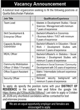 National Level Organization Quetta Jobs 2026 in October